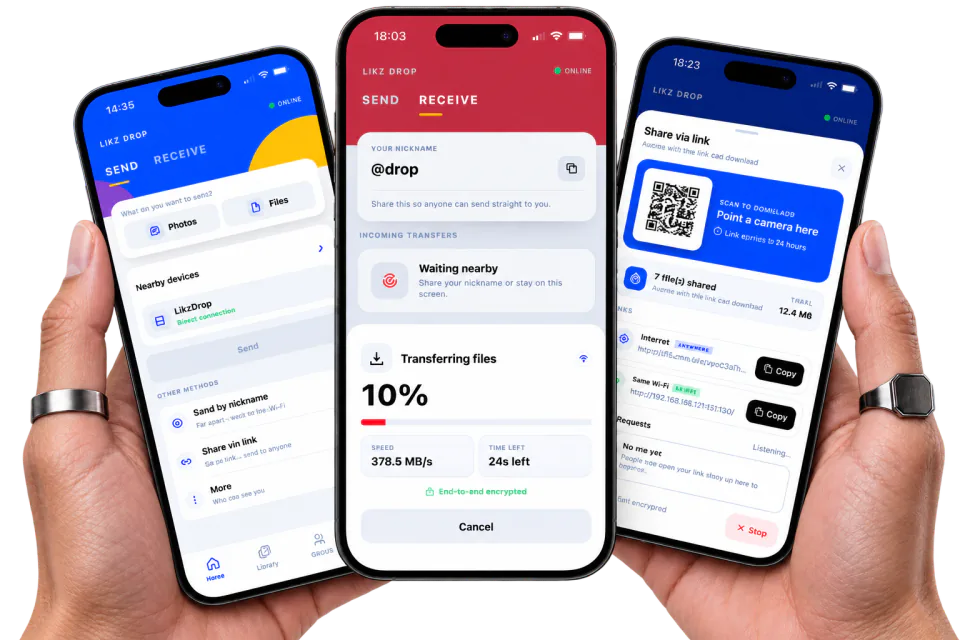 Hands holding three iPhones showing Likz Drop send, receive, and share