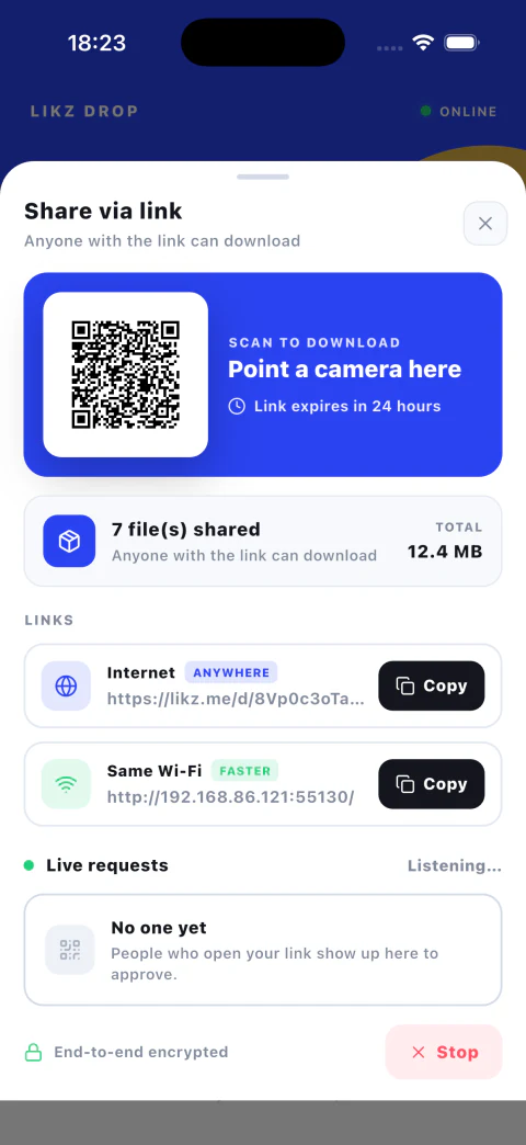Likz Drop share-by-link QR for browser download