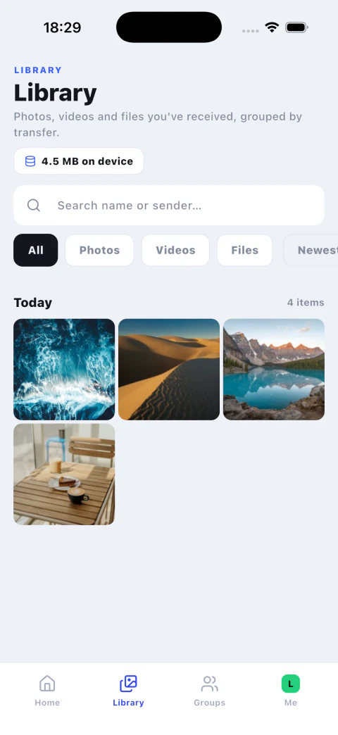 Likz Drop Library of received photos, videos, and files