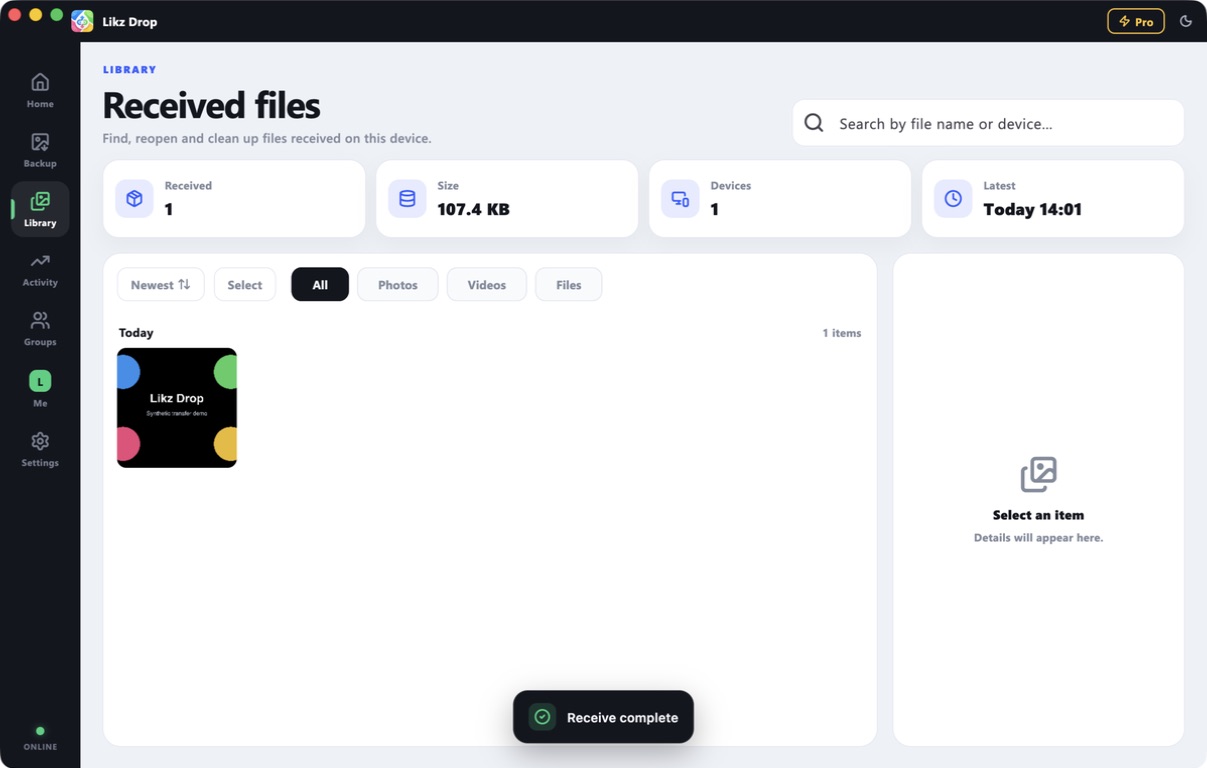 Completed multi-file transfer in Likz Drop on desktop