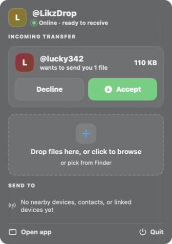 Likz Drop incoming transfer waiting on a desktop