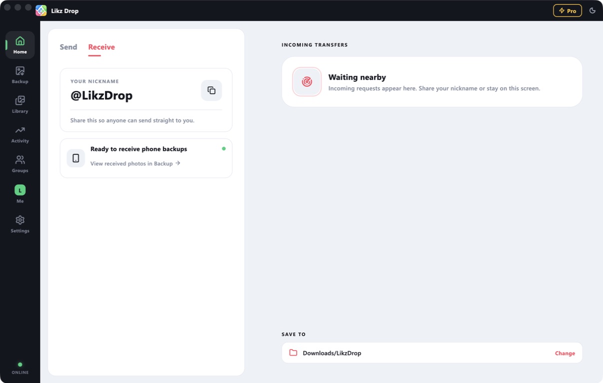 Likz Drop receiving a nearby file on desktop